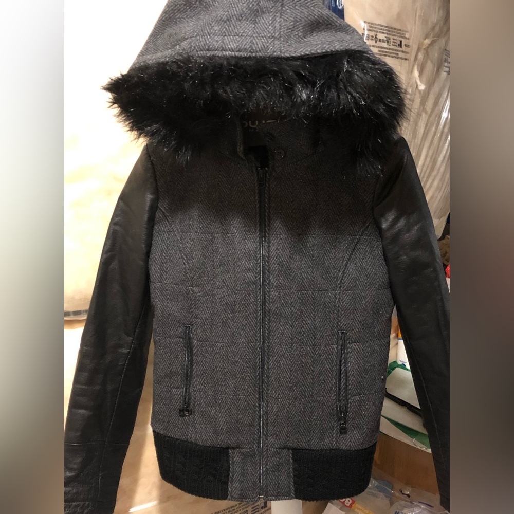 Wool tweed bomber with leather sleeves